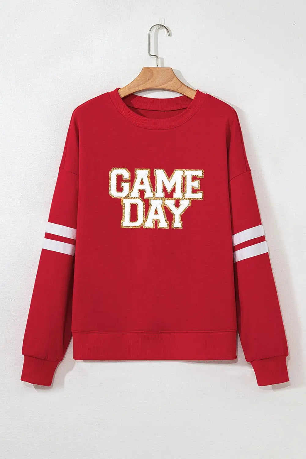 Fiery Red Glitter Trim GAME DAY Letter Graphic Oversized Varsity Sweatshirt - Urban Elegance
