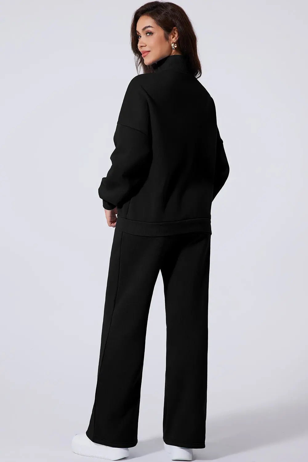 Black Drop Shoulder Zip Up Jacket Drawstring Pants Active 2pcs Set - Urban Elegance