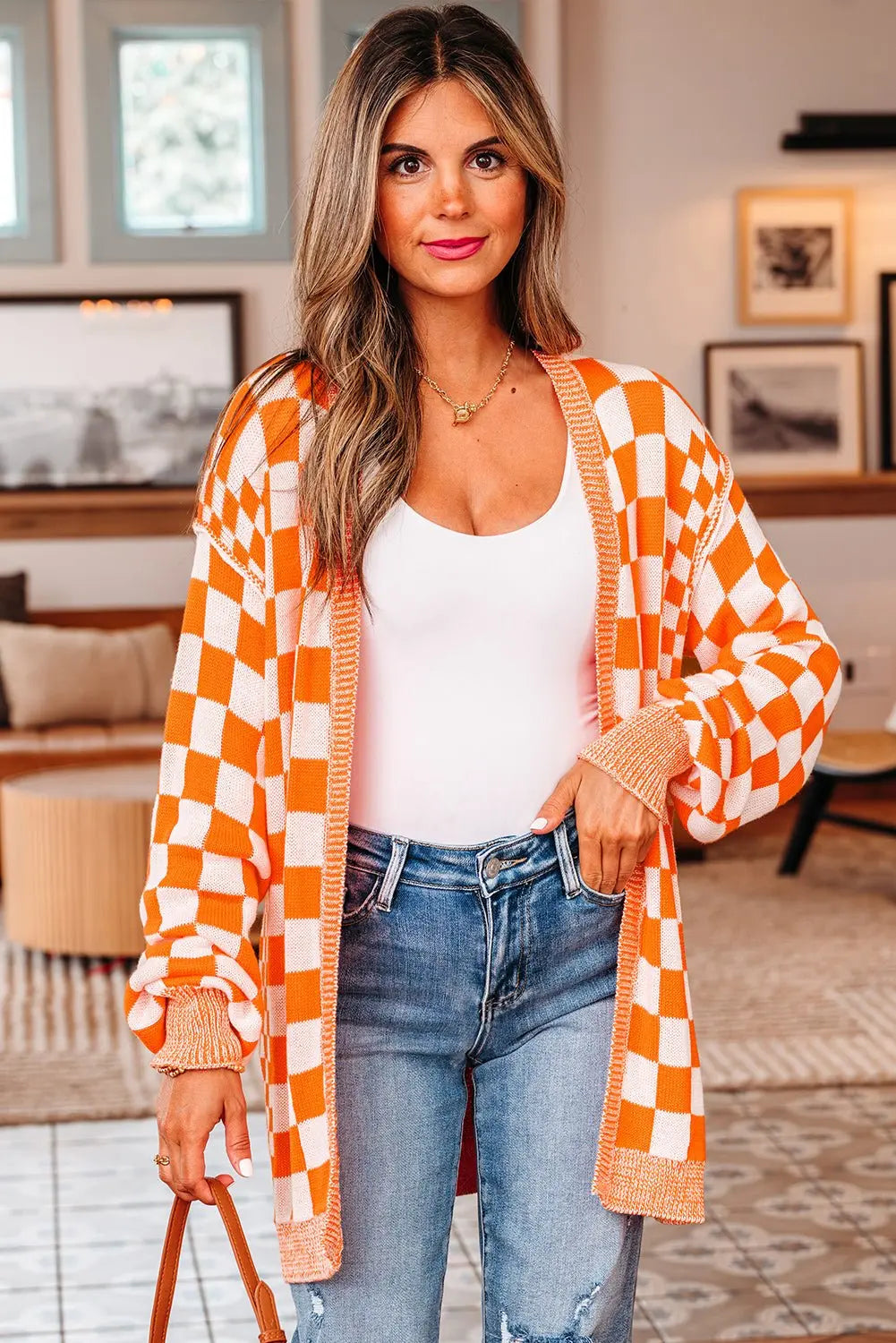 Orange Checkered Open Front Drop Shoulder Cardigan - Urban Elegance