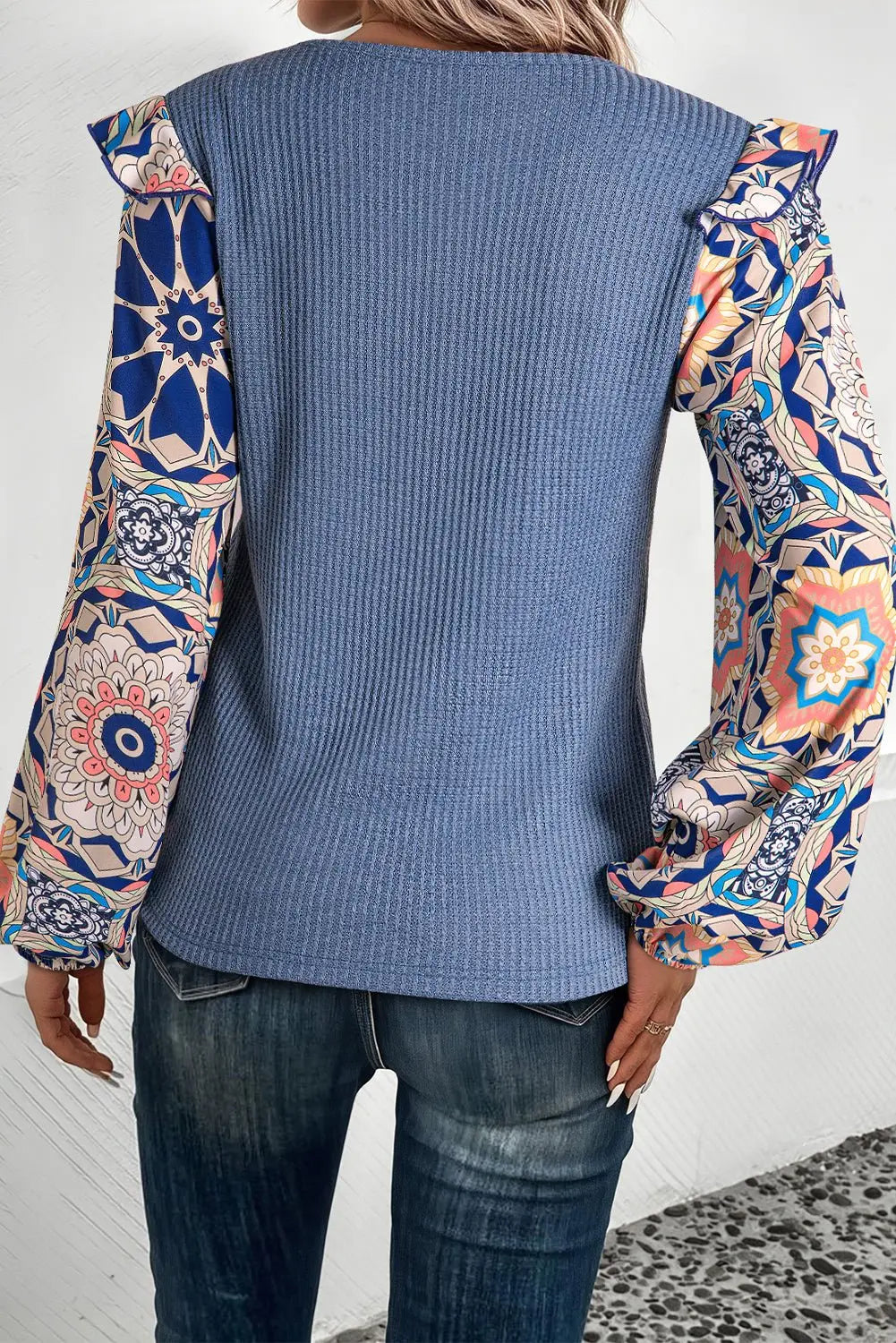 Ashleigh Blue Ruffled Floral Sleeve Patchwork Waffle Knit O Neck Blouse - Urban Elegance