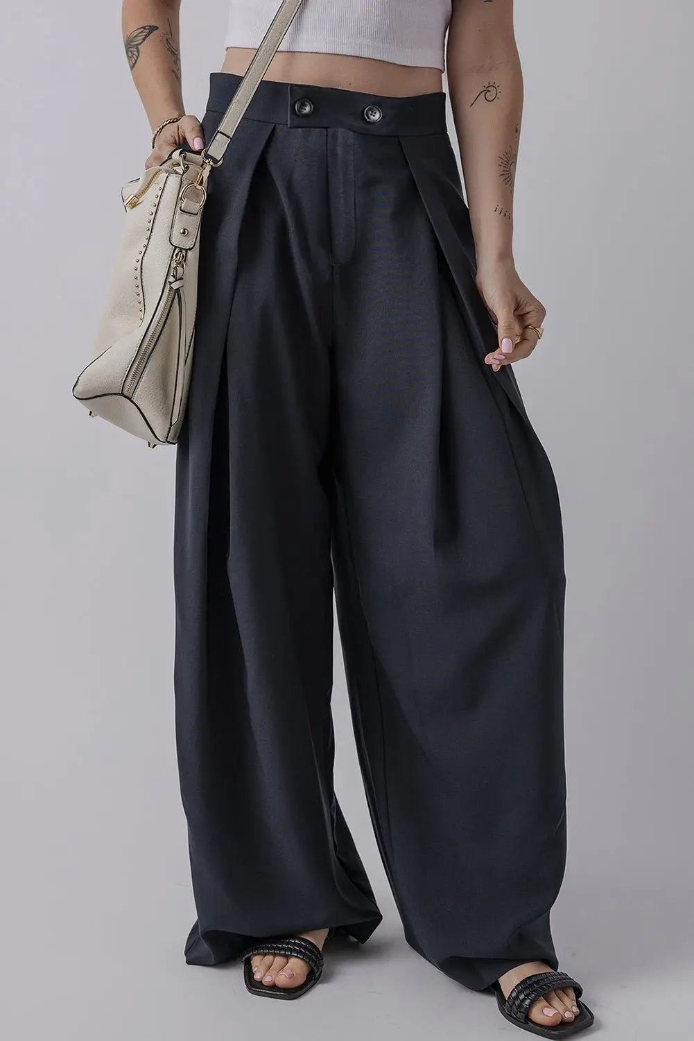 Dirty blue Dual Buttoned High Waist Pleated Wide Leg Pants - Urban Elegance