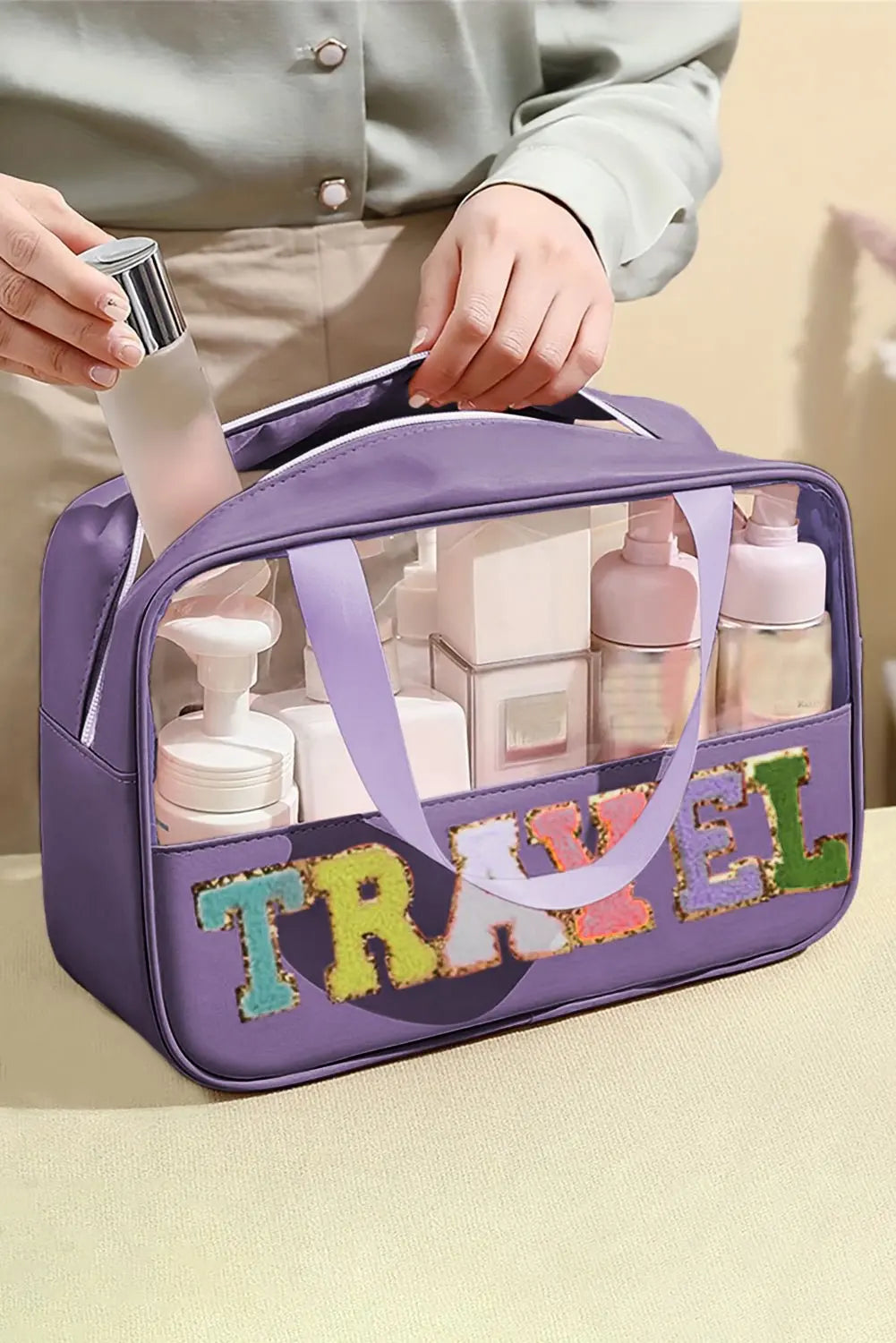 Purple TRAVEL Chenille Letter Clear PVC Makeup Bag - Urban Elegance