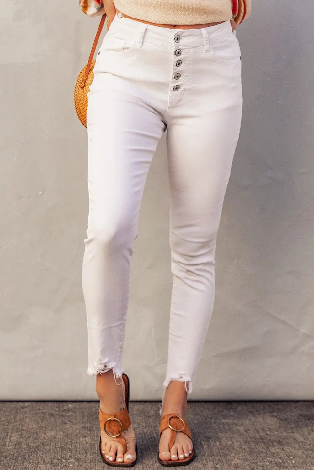 White Plain High Waist Buttons Frayed Cropped Denim Jeans - Urban Elegance