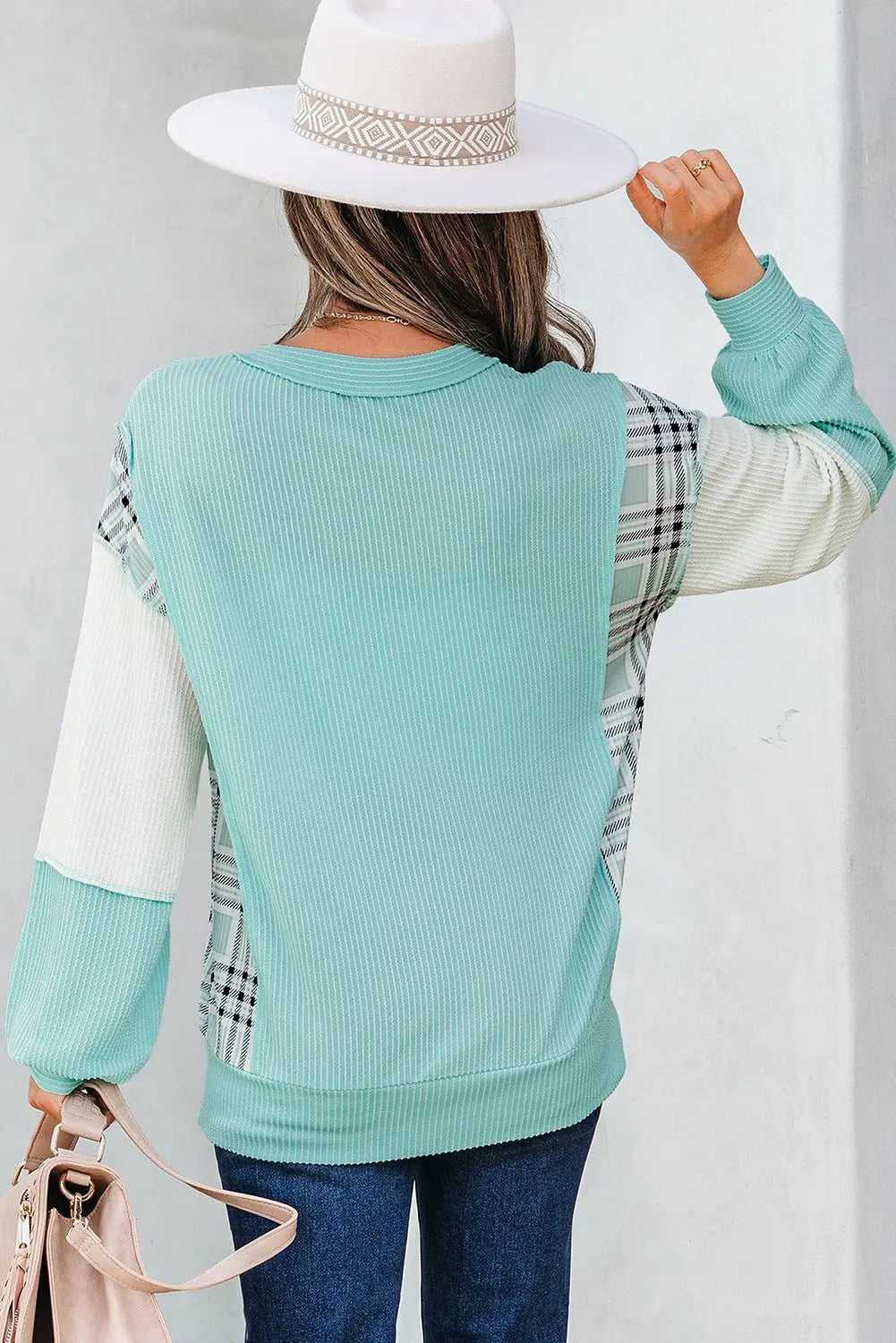 Aruba Blue Corded Texture Colorblock Patchwork Split Neck Long Sleeve Top - Urban Elegance