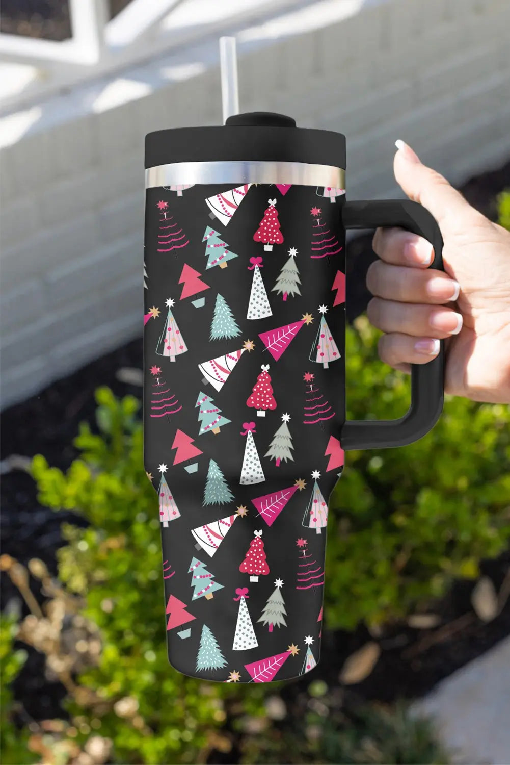 Black Cartoon Christmas Tree Printed Thermos Cup 40oz - Urban Elegance