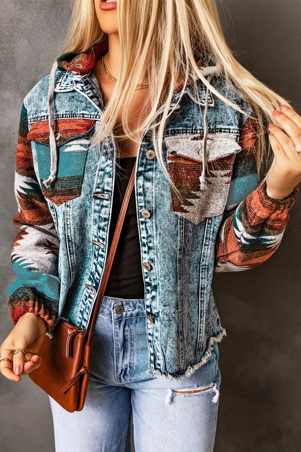 Multicolor Aztec Print Frayed Hem Denim Jacket - Urban Elegance
