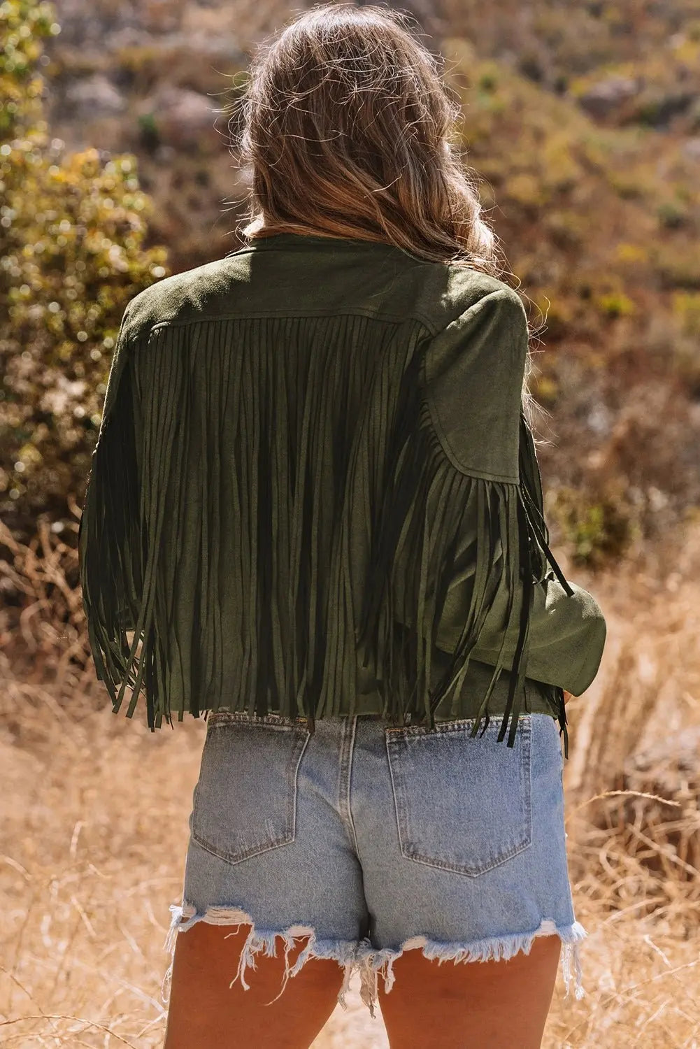 Green Cropped Fringe Faux Suede Jacket - Urban Elegance