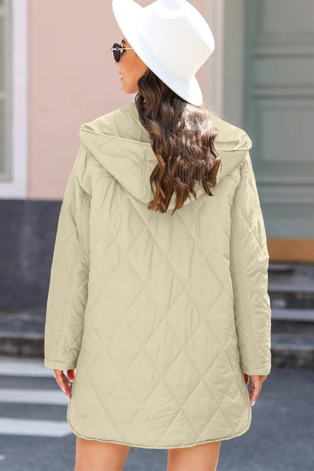 Beige Quilted Snap Button Hooded Coat - Urban Elegance