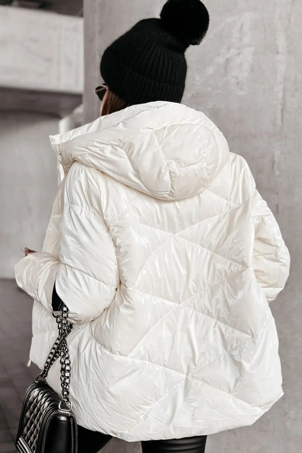 White Solid Quilted Hooded Zip Up Puffer Coat - Urban Elegance