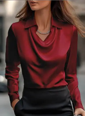 Women's Swing Collar Draped Shirts & Blouses Elegant Solid Satin Office Ladies Top Pullover Spring Long Sleeve Casual Tops