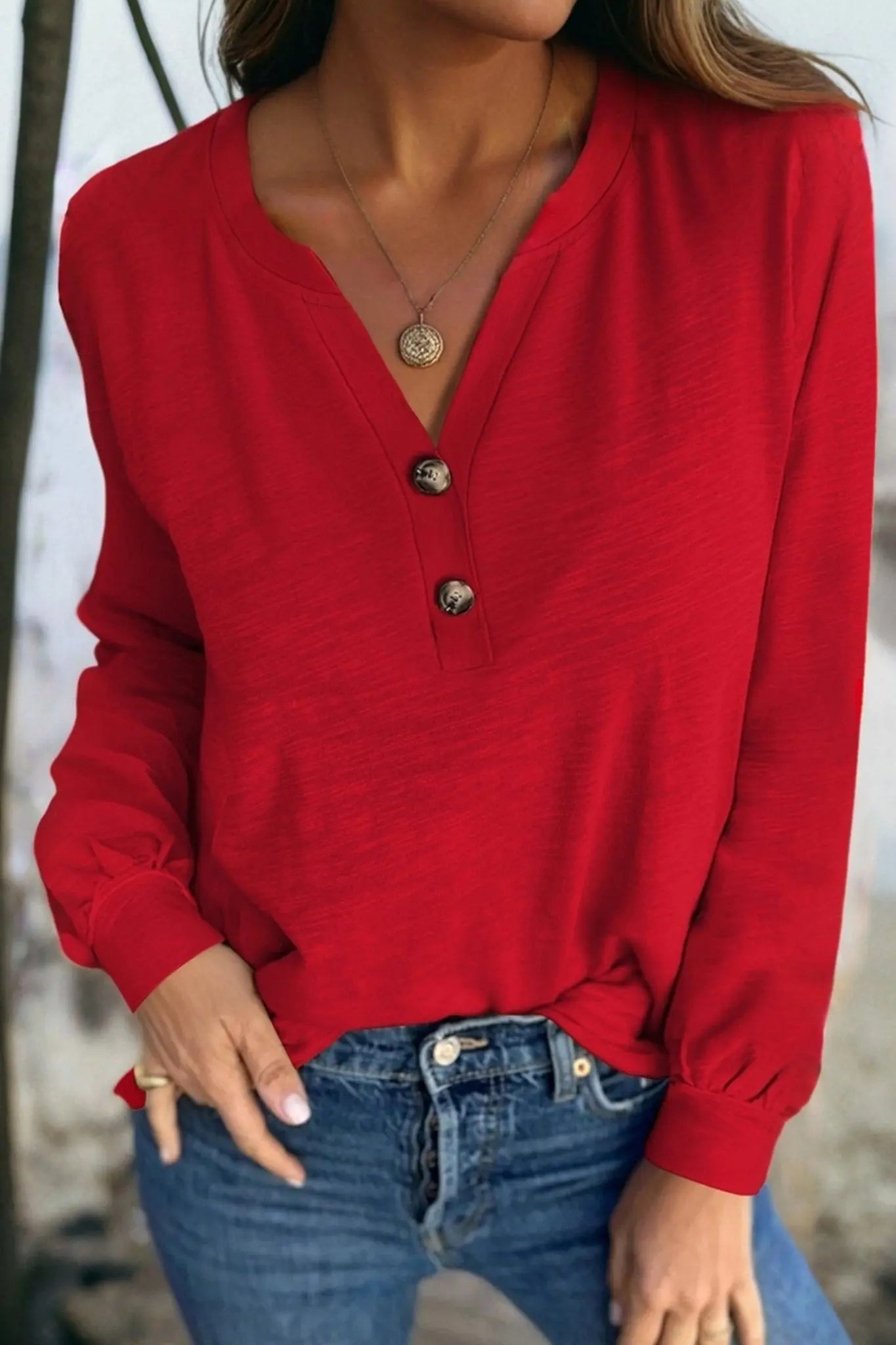 Racing Red Solid Color Button V Neck Long Sleeve Top - Urban Elegance
