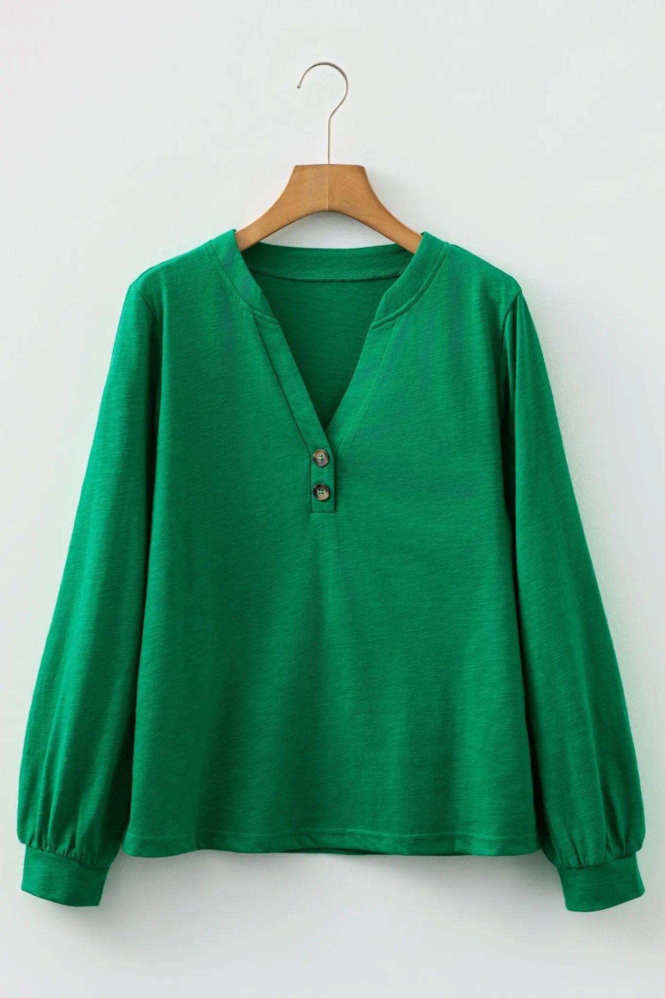 Mist Green Solid Color Button V Neck Long Sleeve Top - Urban Elegance