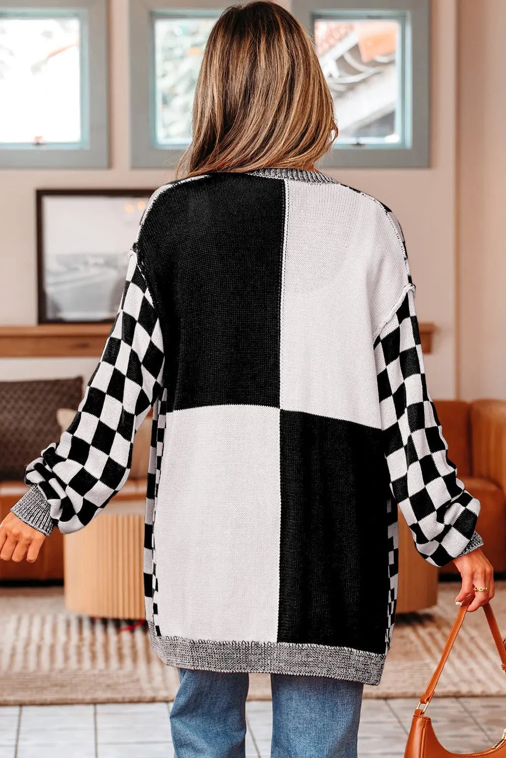Black Checkered Open Front Drop Shoulder Cardigan - Urban Elegance