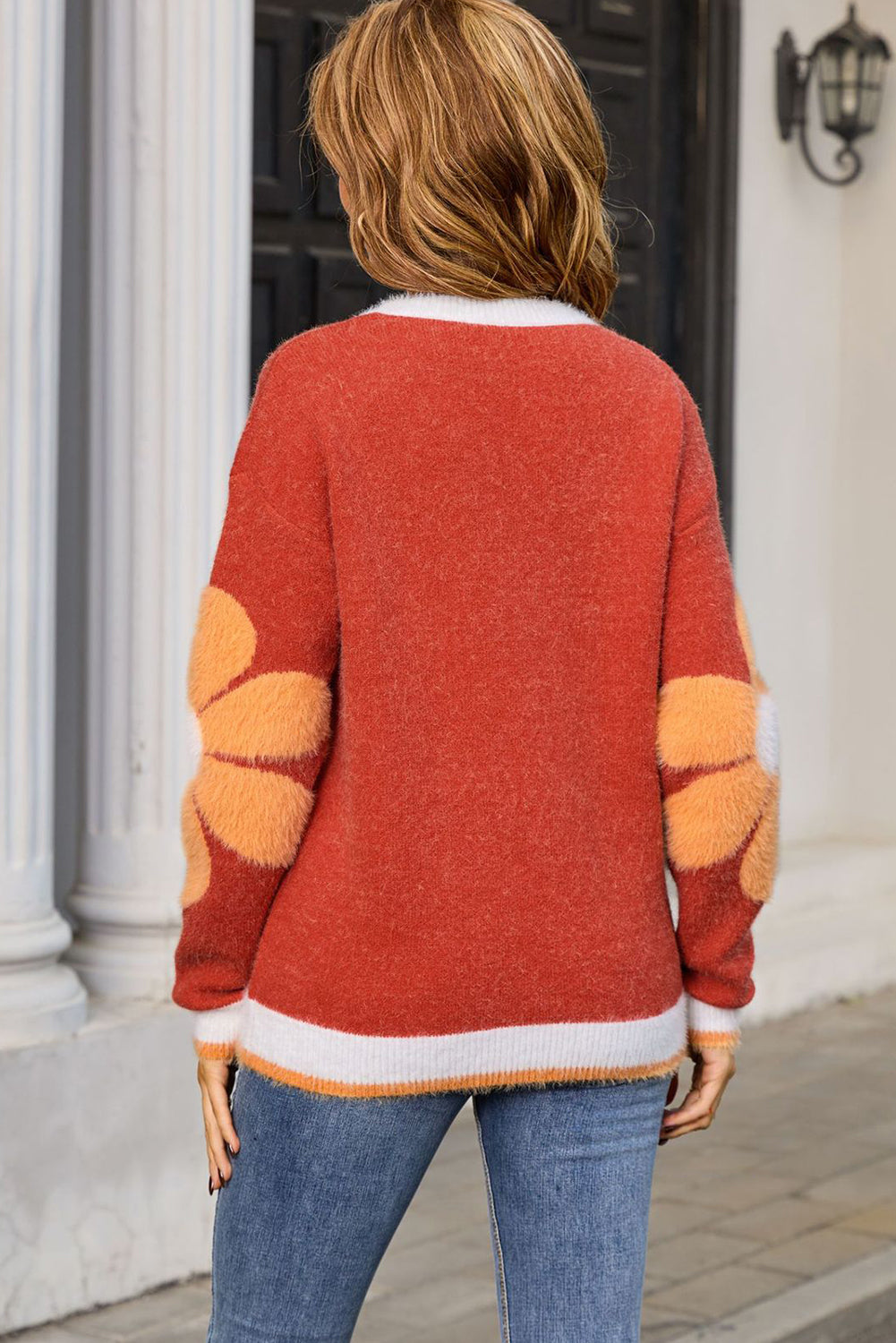 Gold Flame Plush Flower Pattern Ribbed Detail Cozy Sweater