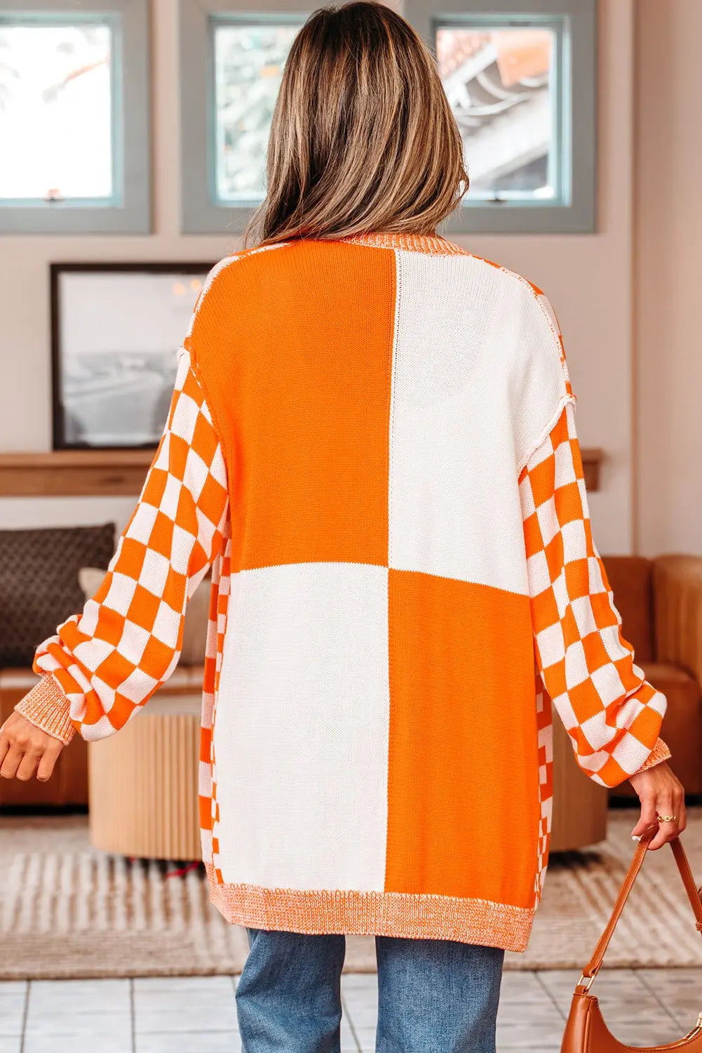 Orange Checkered Open Front Drop Shoulder Cardigan - Urban Elegance