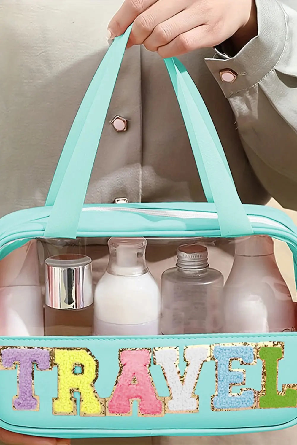 Mint Green TRAVEL Chenille Letter Clear PVC Makeup Bag - Urban Elegance