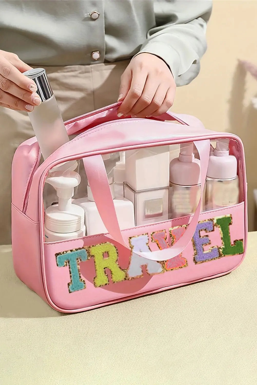 Light Pink TRAVEL Chenille Letter Clear PVC Makeup Bag - Urban Elegance