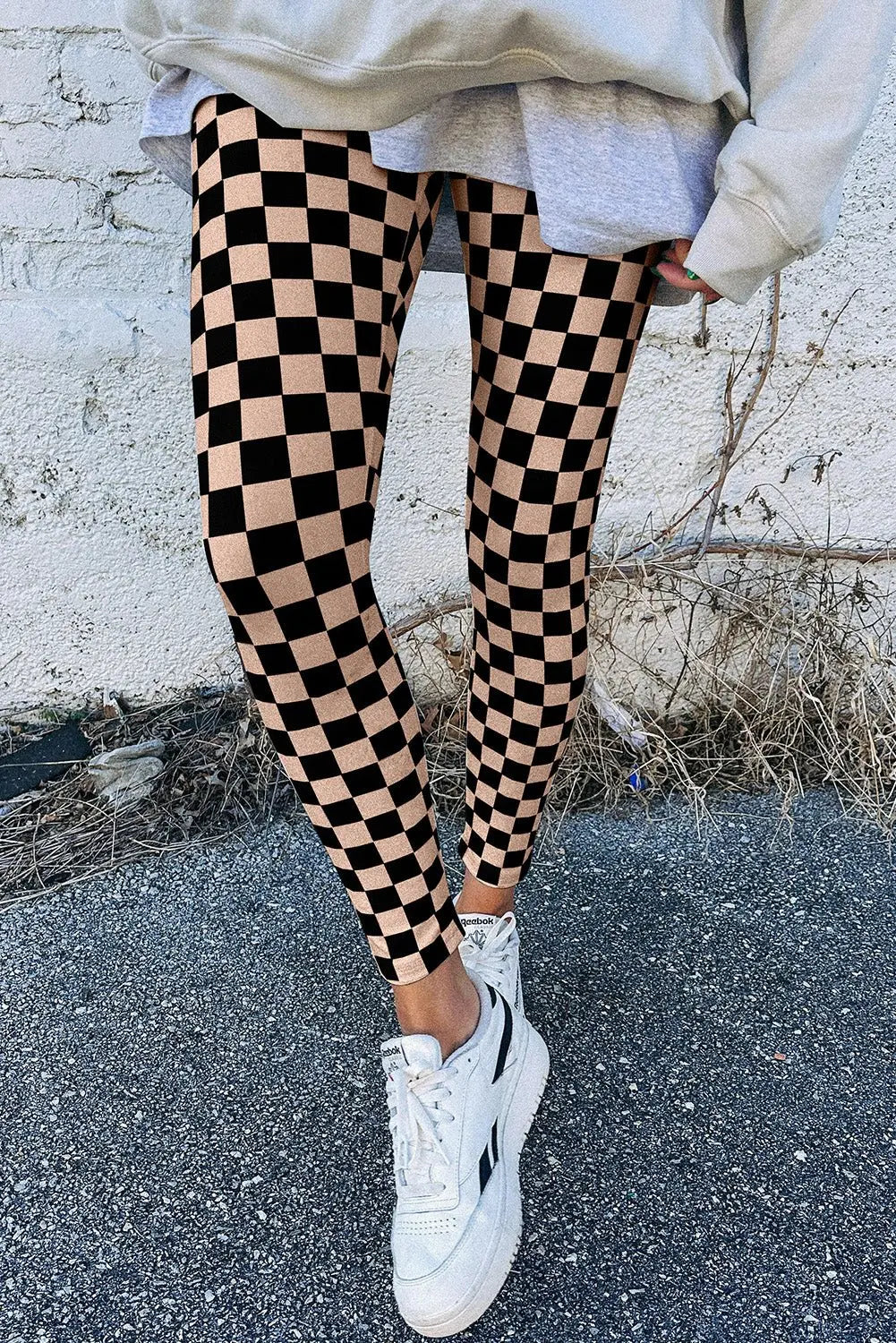 Khaki Checkered Pattern High Waist Skinny Leggings - Urban Elegance