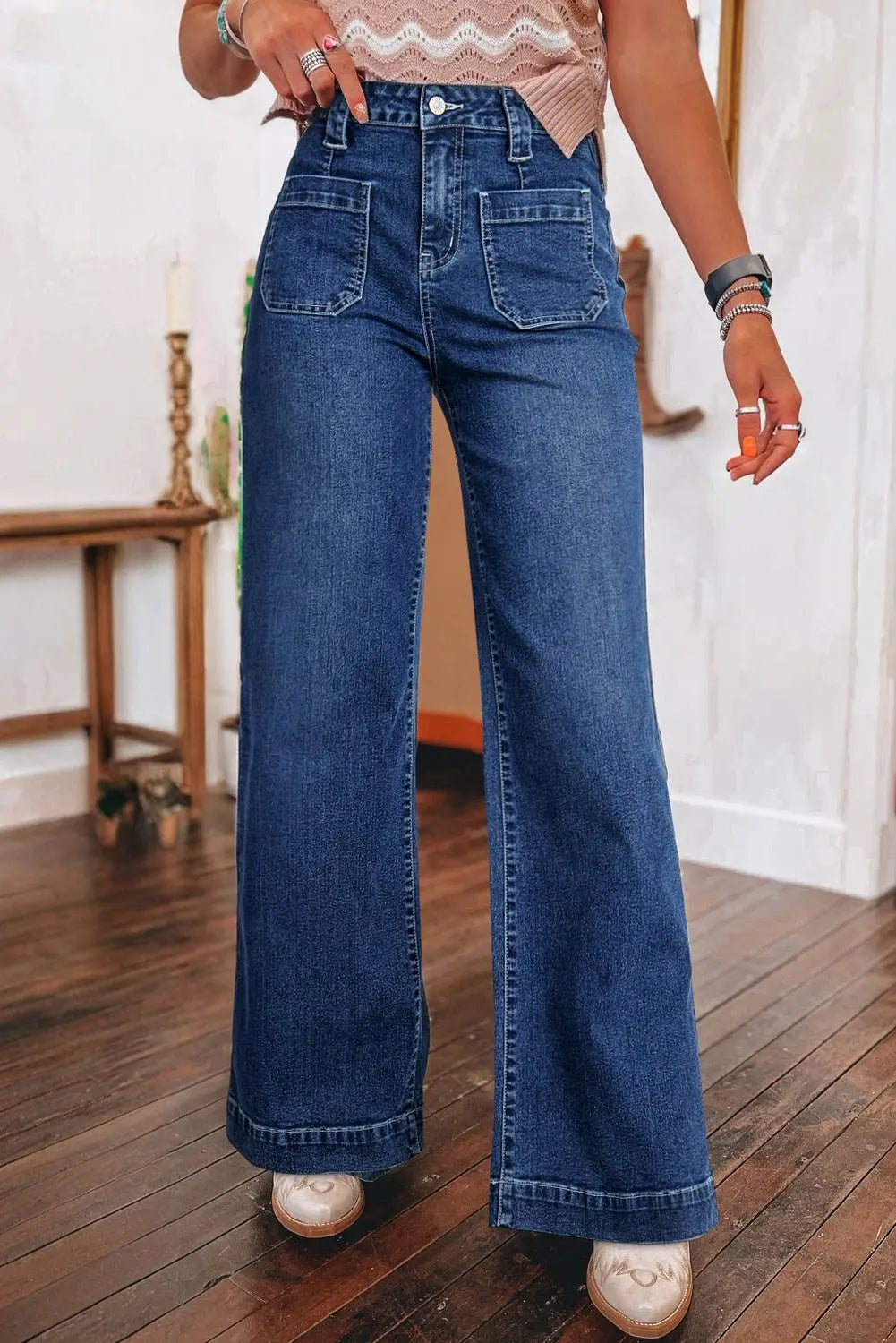 Sail Blue Wide Leg Pocketed High Waist Jeans - Urban Elegance