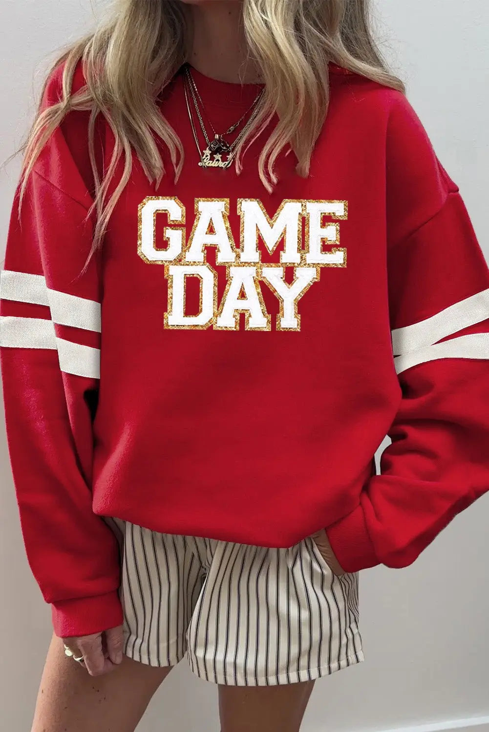 Fiery Red Glitter Trim GAME DAY Letter Graphic Oversized Varsity Sweatshirt - Urban Elegance