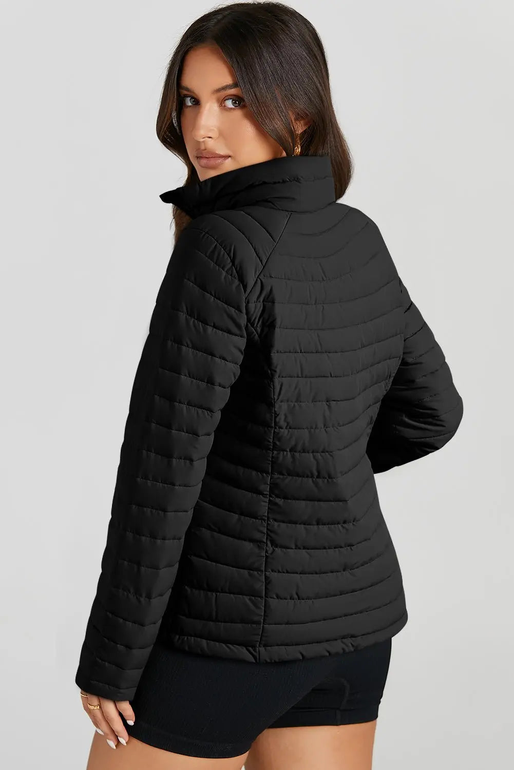 Black Solid Color Quilted Zip - up Puffer Jacket - Urban Elegance