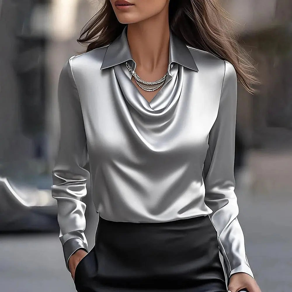 Women's Swing Collar Draped Shirts & Blouses Elegant Solid Satin Office Ladies Top Pullover Spring Long Sleeve Casual Tops