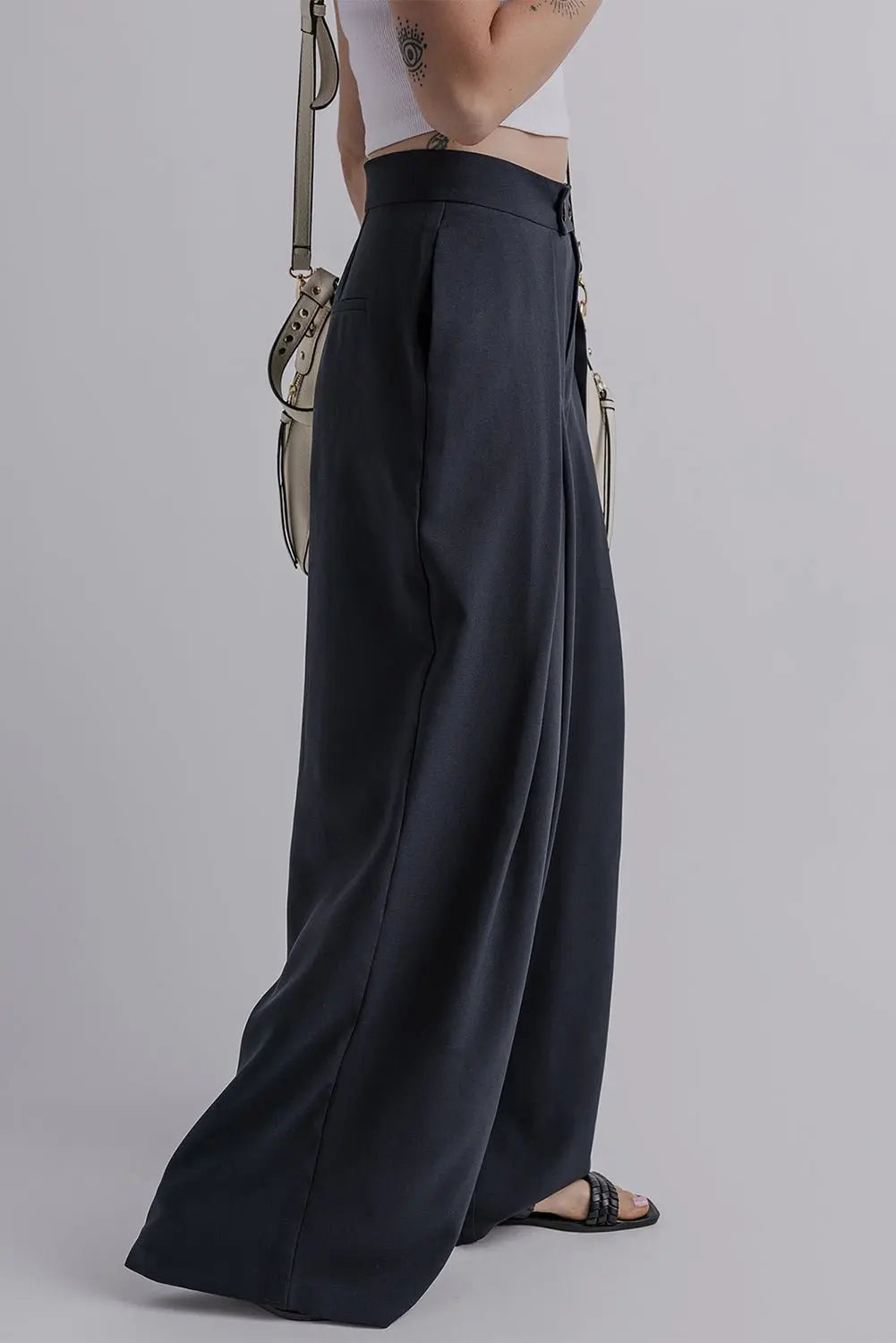 Dirty blue Dual Buttoned High Waist Pleated Wide Leg Pants - Urban Elegance