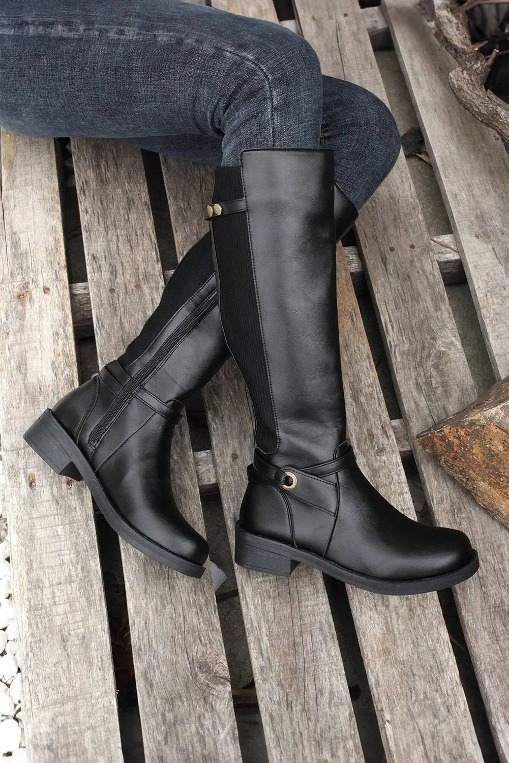 Black Side Zipper Knee High Chunky Low Heel Boots - Urban Elegance
