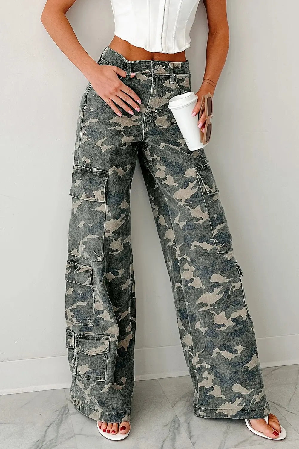 Green Camo Cargo Wide Leg Pants - Urban Elegance