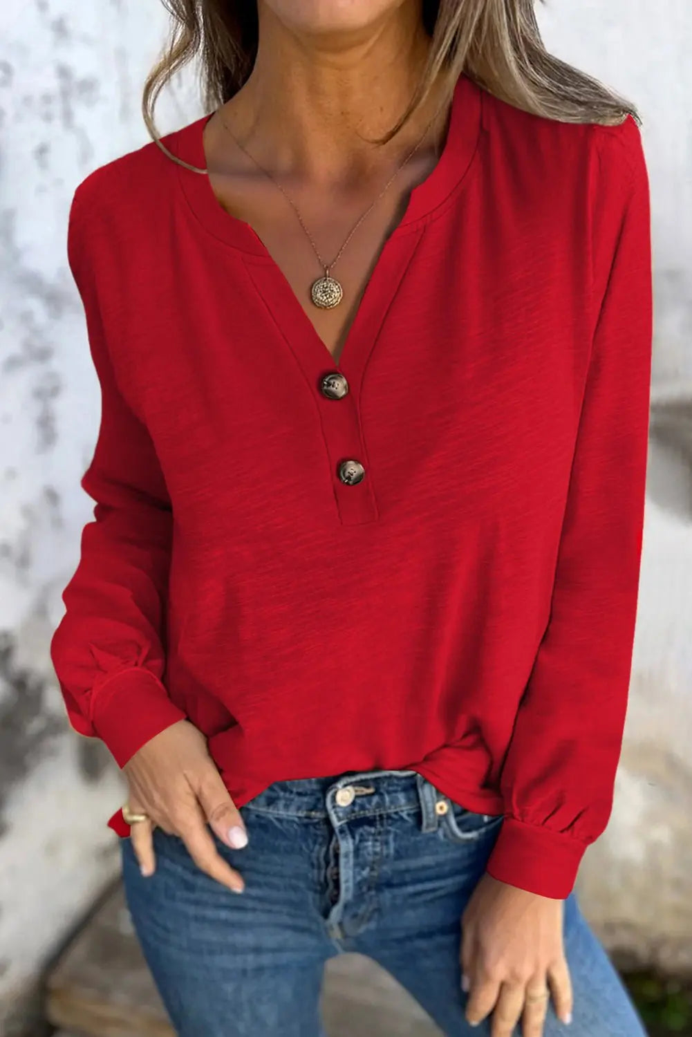 Racing Red Solid Color Button V Neck Long Sleeve Top - Urban Elegance