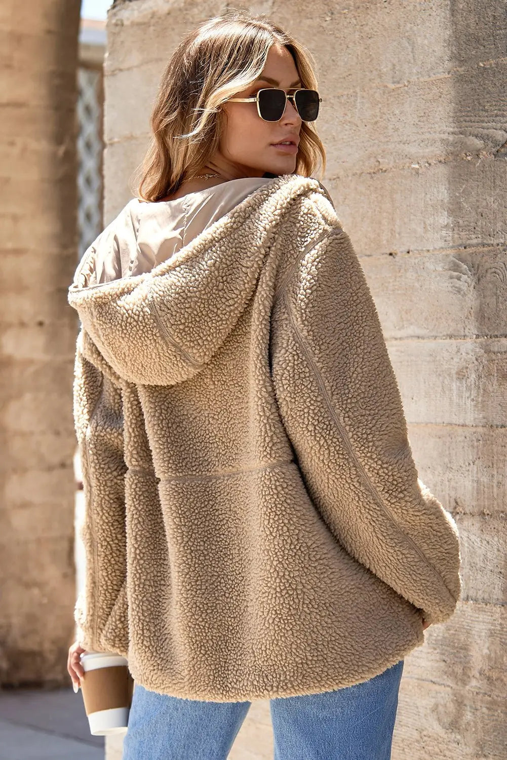 Pale Khaki Fleece Zip Up Drawstring Hooded Pocketed Jacket - Urban Elegance