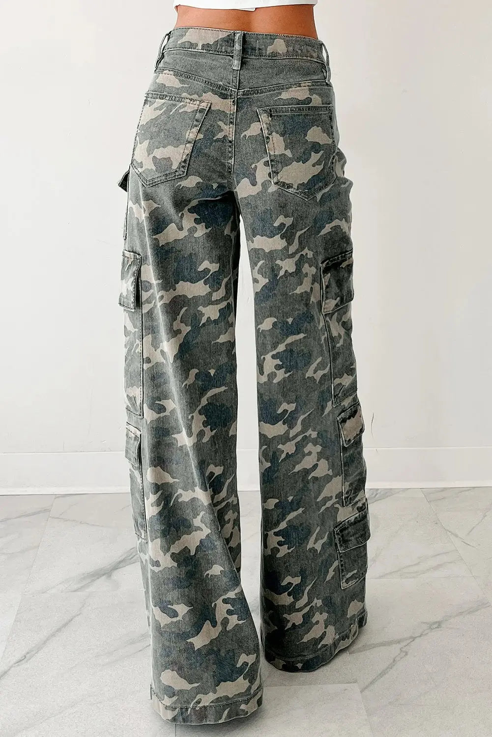 Green Camo Cargo Wide Leg Pants - Urban Elegance