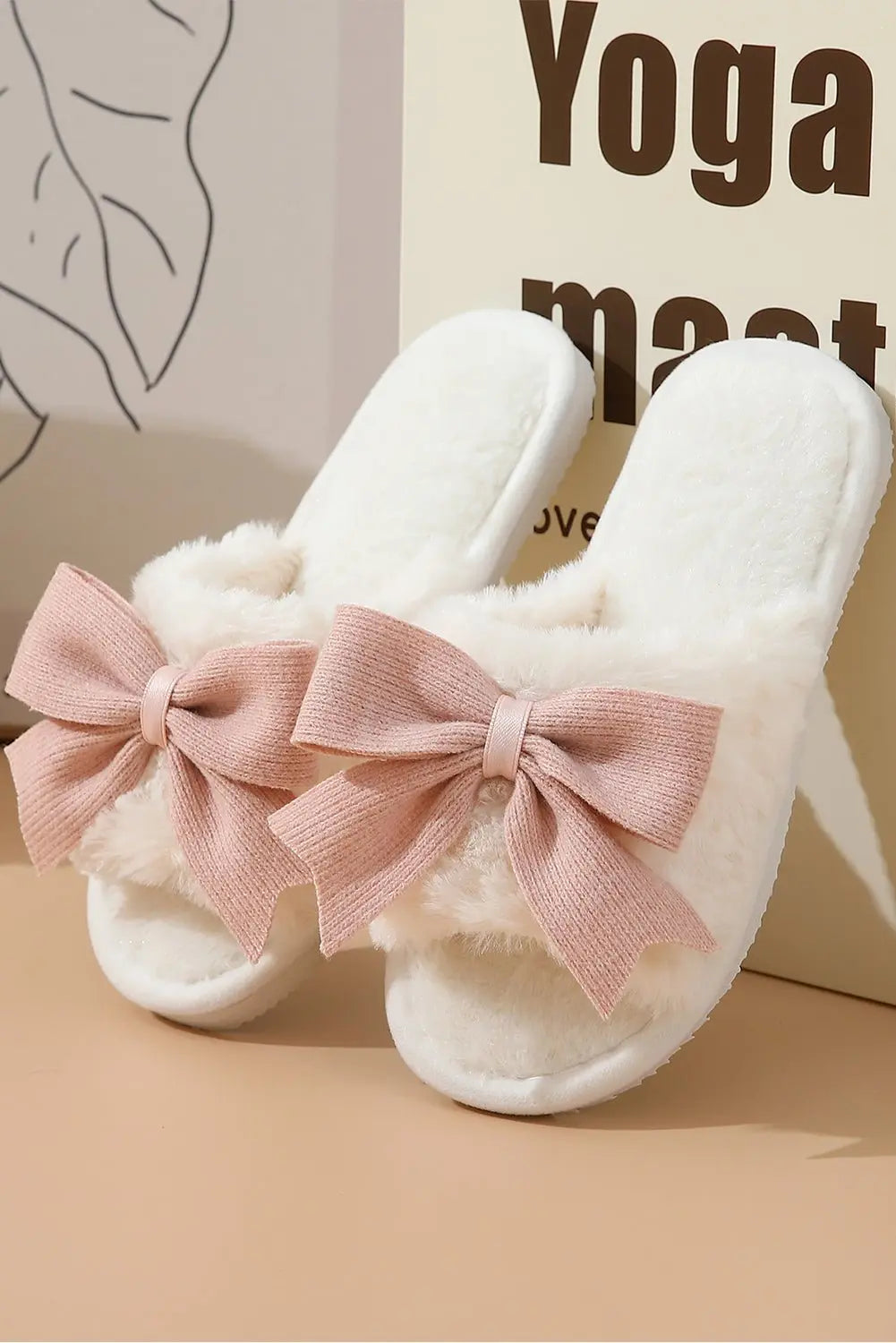 White Bow Knot Decor Open Toe Plush Slippers - Urban Elegance