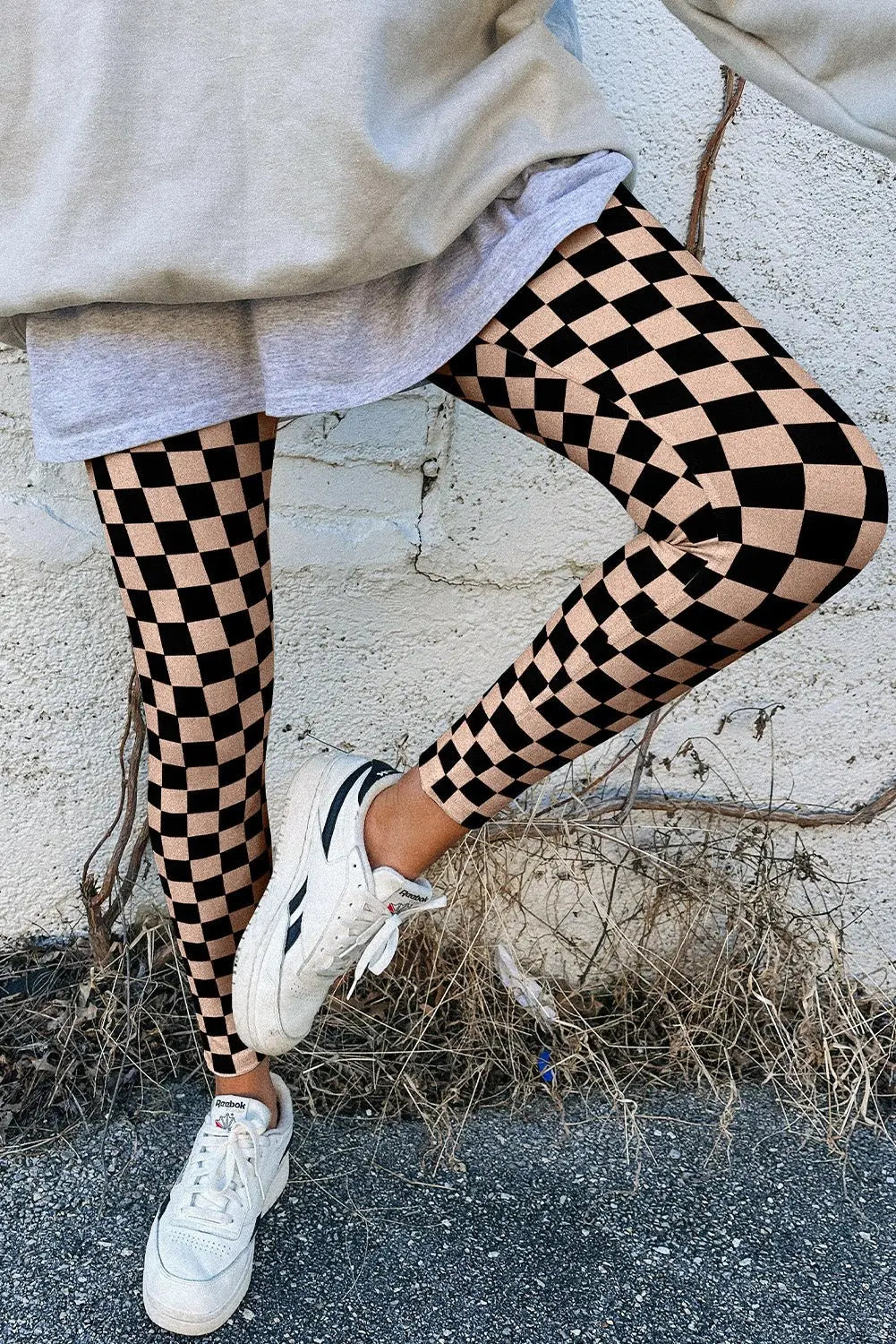 Khaki Checkered Pattern High Waist Skinny Leggings - Urban Elegance