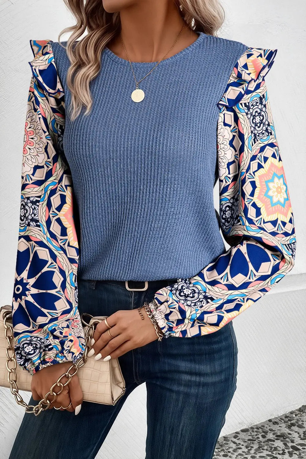 Ashleigh Blue Ruffled Floral Sleeve Patchwork Waffle Knit O Neck Blouse - Urban Elegance