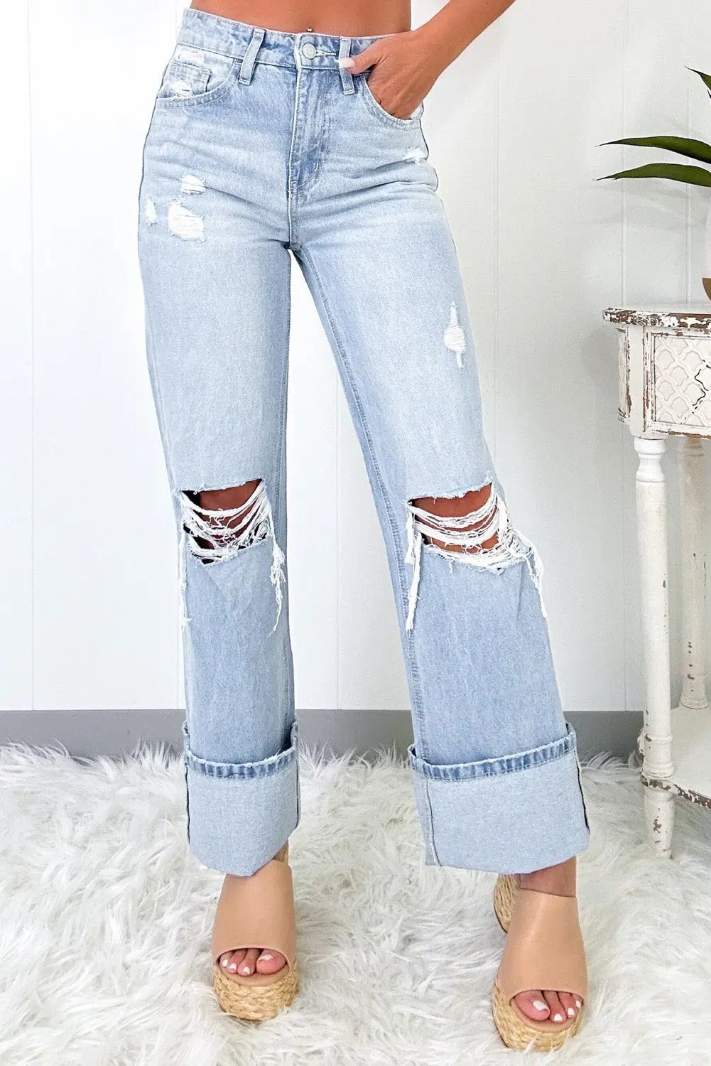 Beau Blue Light Wash Distressed Straight Jeans - Urban Elegance