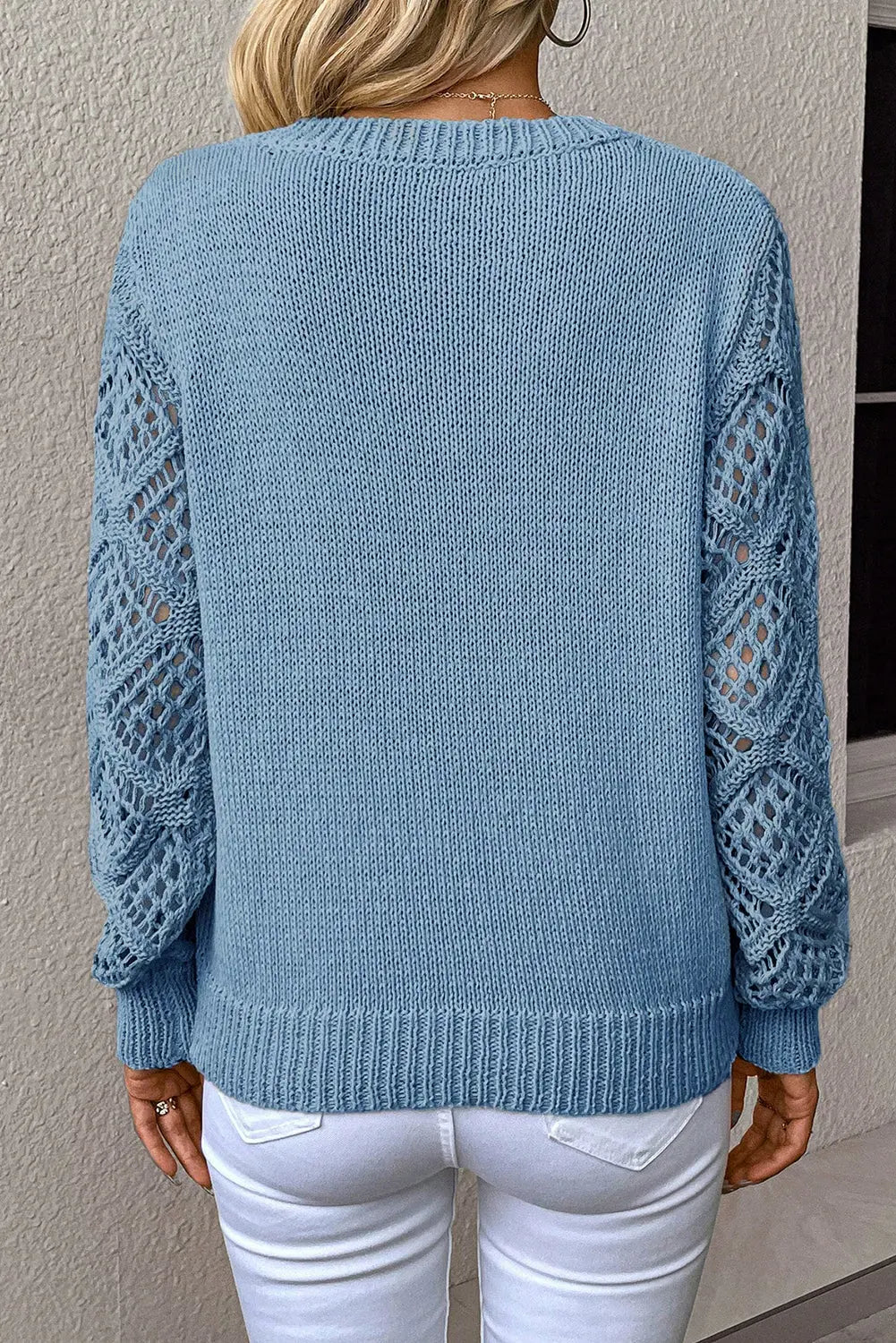 Beau Blue Solid V Neck Pointelle Knit Sleeve Patchwork Sweater