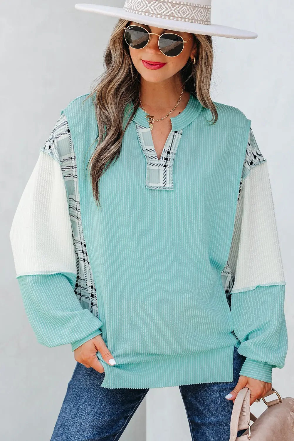 Aruba Blue Corded Texture Colorblock Patchwork Split Neck Long Sleeve Top - Urban Elegance