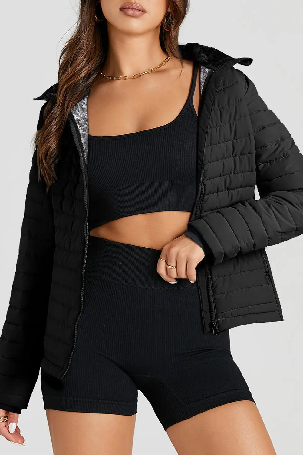 Black Solid Color Quilted Zip - up Puffer Jacket - Urban Elegance