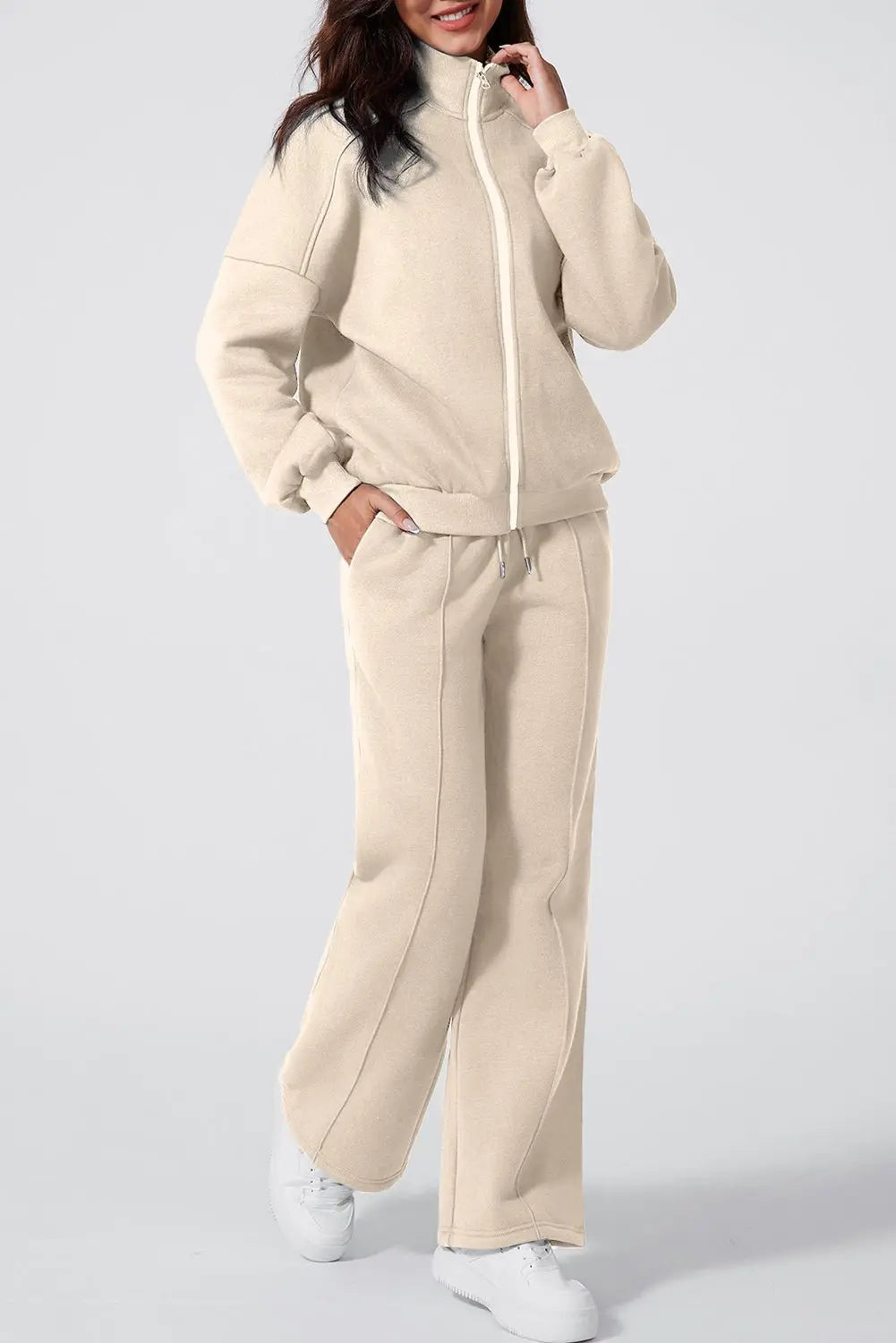 Beige Drop Shoulder Zip Up Jacket Drawstring Pants Active 2pcs Set - Urban Elegance