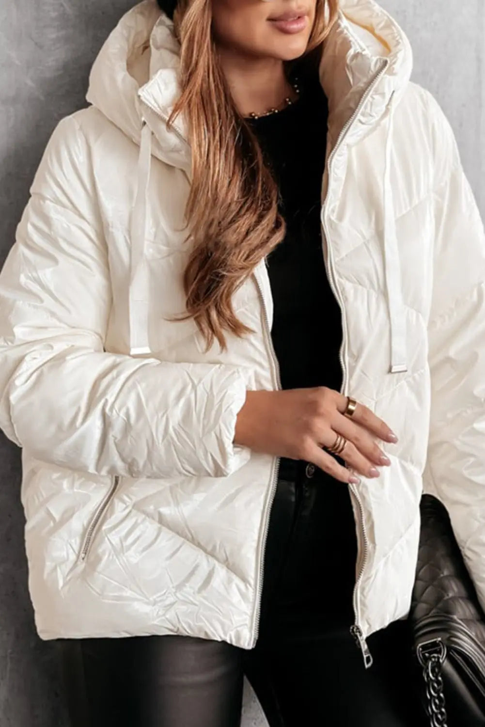White Solid Quilted Hooded Zip Up Puffer Coat - Urban Elegance