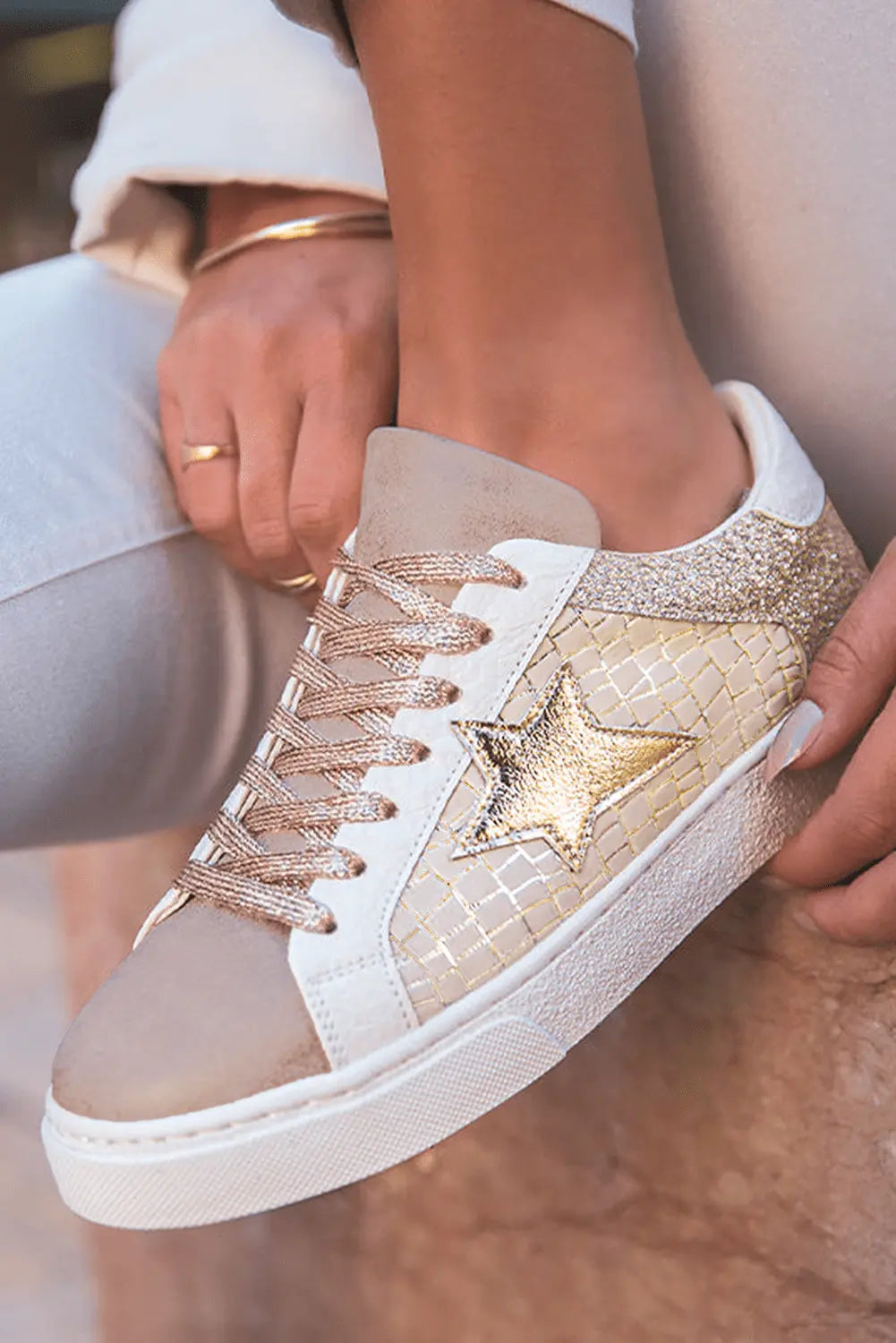 Dearlove Gold Glitter Star Patchwork PU Leather Lace - up Sneakers - Urban Elegance