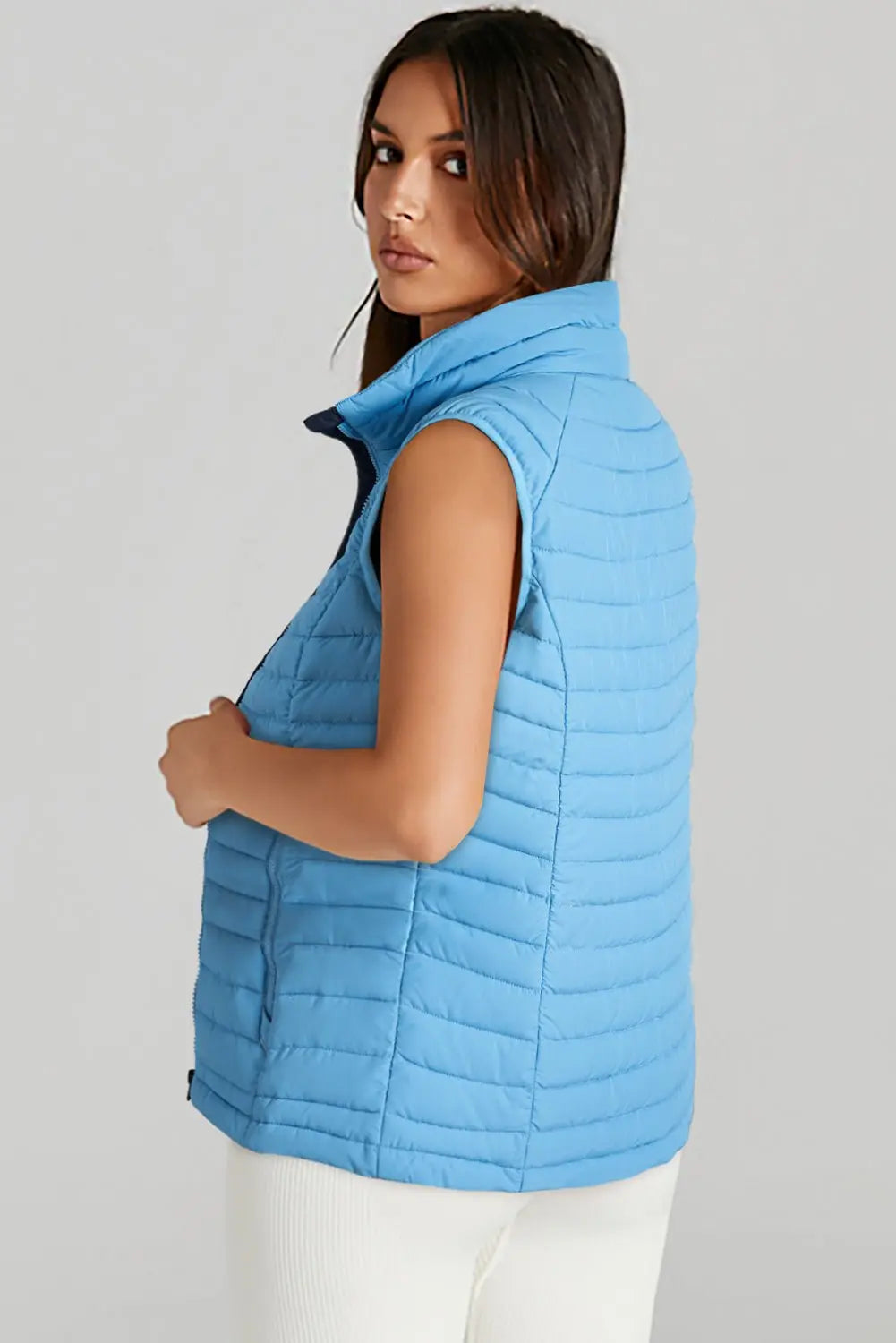 Sky Blue Plush Collared Quilted Zipped Puffer Vest - Urban Elegance