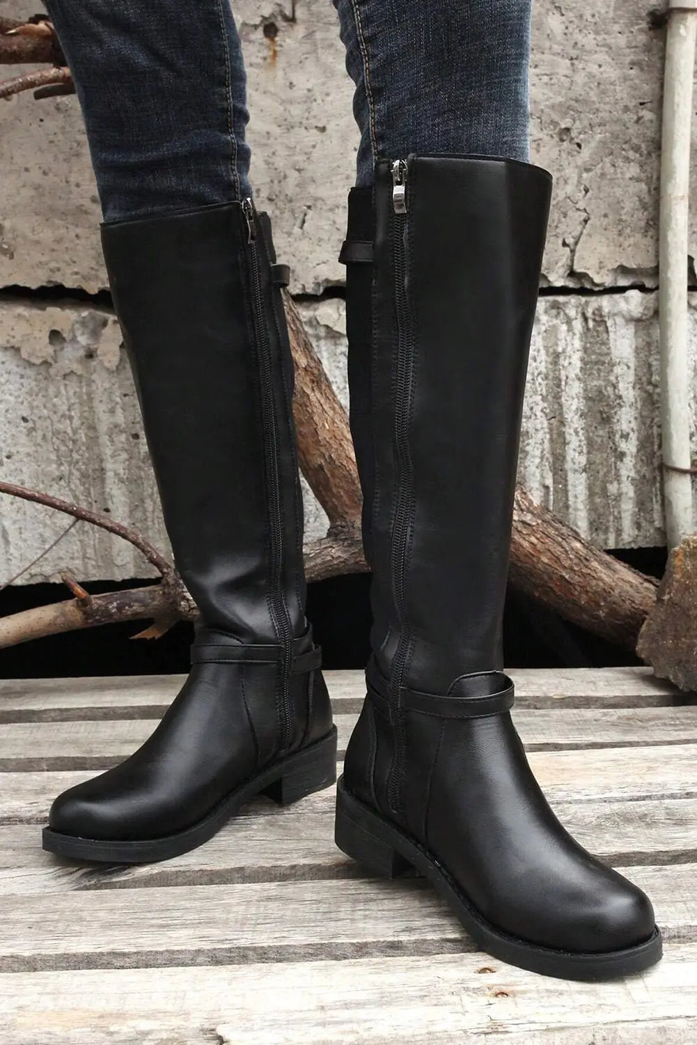 Black Side Zipper Knee High Chunky Low Heel Boots - Urban Elegance