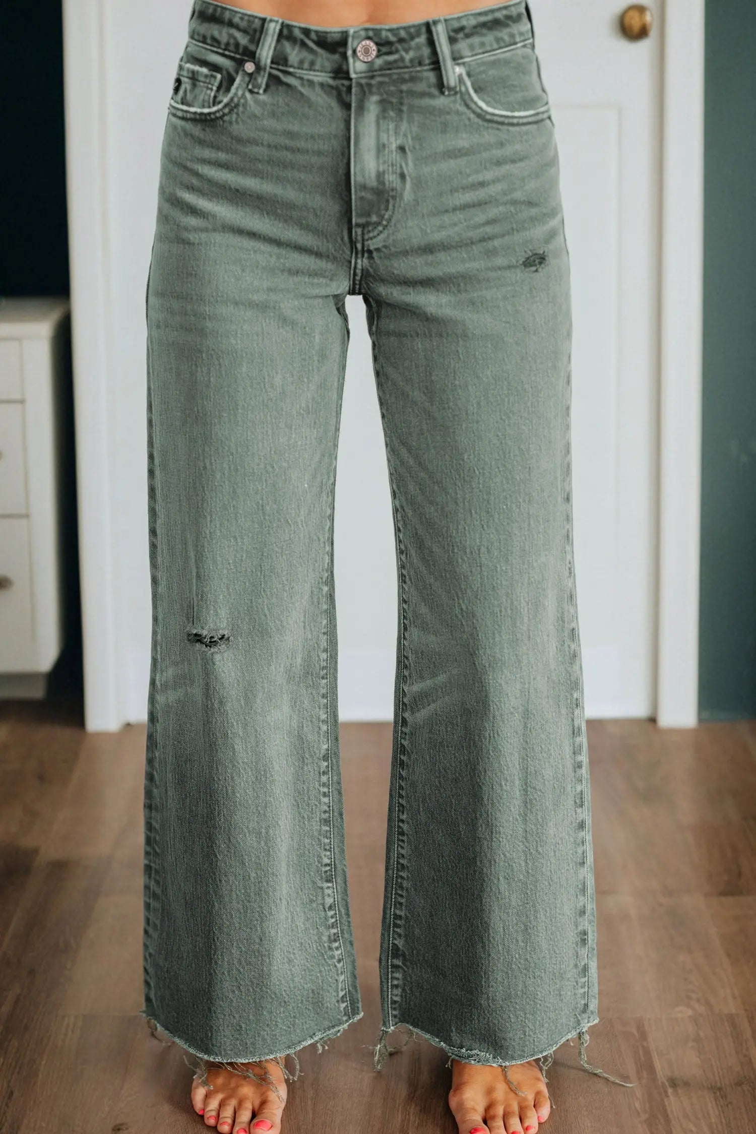 Four Leaf Clover Slight Distressed Raw Edge Wide Leg Jeans