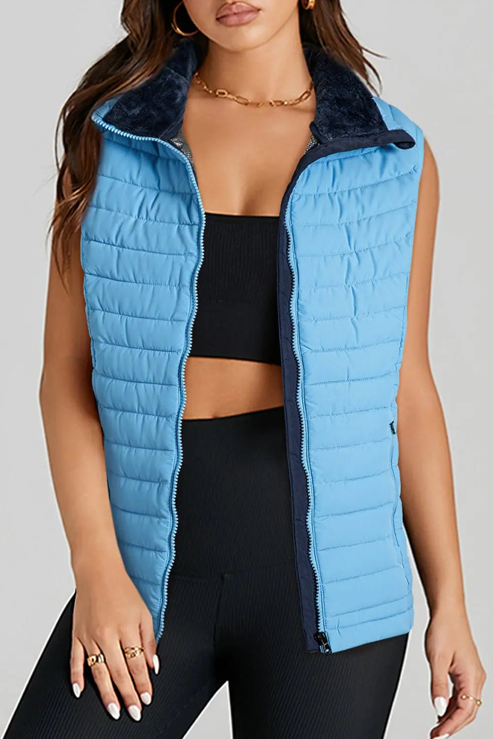 Sky Blue Plush Collared Quilted Zipped Puffer Vest - Urban Elegance